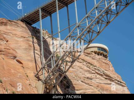 Arizona, USA. 1st June, 2018. The steel arch Glen Canyon Dam Bridge in Arizona, carries U.S. Route 89 across the Colorado River adjacent to the Glen Canyon Dam and the Visitor Center. It is one of the highest bridges in the U.S., 700 feet (210 m) above the river, and its two lanes are an overall length of 1,271 feet (387 m) and used regularly by tourists. Credit: Arnold Drapkin/ZUMA Wire/Alamy Live News Stock Photo