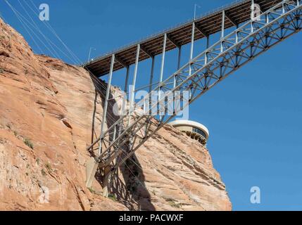 Arizona, USA. 1st June, 2018. The steel arch Glen Canyon Dam Bridge in Arizona, carries U.S. Route 89 across the Colorado River adjacent to the Glen Canyon Dam and the Visitor Center. It is one of the highest bridges in the U.S., 700 feet (210 m) above the river, and its two lanes are an overall length of 1,271 feet (387 m) and used regularly by tourists. Credit: Arnold Drapkin/ZUMA Wire/Alamy Live News Stock Photo