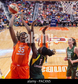 Connecticut, USA. 20 July 2018.  Connecticut Sun center Jonquel Jones (35) shoots during a Seattle Storm vs Connecticut Sun WNBA basketball game at Mohegan Sun Arena. Chris Poss/Alamy Live News Stock Photo