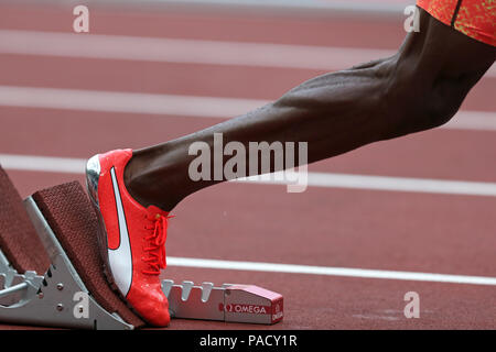 London, UK. 21st July 18. Nathon ALLEN (Jamaica) out of the starting blocks in the Men's 400m Final at the 2018, IAAF Diamond League, Anniversary Games, Queen Elizabeth Olympic Park, Stratford, London, UK. Credit: Simon Balson/Alamy Live News Stock Photo