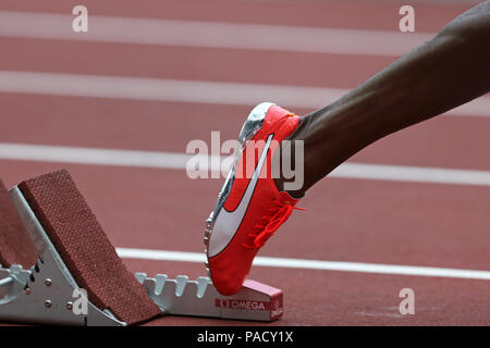 London, UK. 21st July 18. Nathon ALLEN (Jamaica) out of the starting blocks in the Men's 400m Final at the 2018, IAAF Diamond League, Anniversary Games, Queen Elizabeth Olympic Park, Stratford, London, UK. Credit: Simon Balson/Alamy Live News Stock Photo