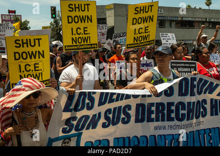 Los Angeles, USA. 21 July 2018.  Protesters are carrying banner and signs durng Families Belong Together March and ICE (Immigration and Customs Enforcement protest in Los Angeles, California on July 21, 2018. Shut Down I.C.E. now written on signs.  Credit: Aydin Palabiyikoglu Credit: Aydin Palabiyikoglu/17�Թ����� Live News Stock Photo