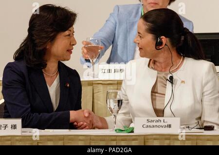 Tokyo, Japan. 22nd July, 2018. (L to R) Seiko Noda Japan's Minister of Internal Affairs and Communications and Sarah L. Casanova President and CEO of McDonald's Japan, shake hands during the 23rd International Conference for Women in Business at Grand Nikko Tokyo Daiba on July 22, 2018, Tokyo, Japan. The annual event invites guest speakers including many female leaders to discuss the roles of women in politics, business and society. Credit: Rodrigo Reyes Marin/AFLO/Alamy Live News Credit: Aflo Co. Ltd./Alamy Live News Stock Photo