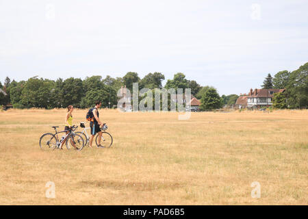 London UK. 22nd July 2018 .  People walk on the  burnt dry grass on Wimbledon Common  in London, caused by a prolonged summer heatwave and dry period across  much of southern England. Credit: amer ghazzal/Alamy Live News Stock Photo