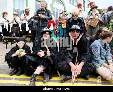 Littleborough, UK. 22nd July, 2018. Marsden Magpies at the annual Rushbearing festival reviving the tradition of carrying the rushes to the local church dating back to a time when the church floors where earthen and the rushes were used to cover them for insulation. Littleborough,22nd July, 2018 (C)Barbara Cook/Alamy Live News Credit: Barbara Cook/Alamy Live News Stock Photo