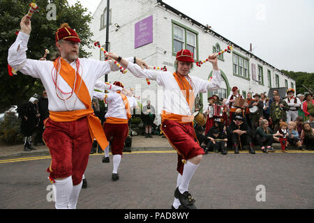 Littleborough, UK. 22nd July, 2018. Horwich folk dancers at the annual Rushbearing festival reviving the tradition of carrying the rushes to the local church dating back to a time when the church floors where earthen and the rushes were used to cover them for insulation. Littleborough,22nd July, 2018 (C)Barbara Cook/Alamy Live News Credit: Barbara Cook/Alamy Live News Stock Photo