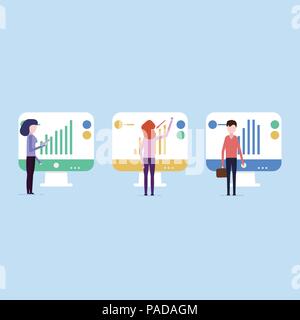 People conduct data analysis on a blue background Stock Vector