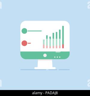 Flat monitor icon, statistics analysis on a blue background Stock Vector