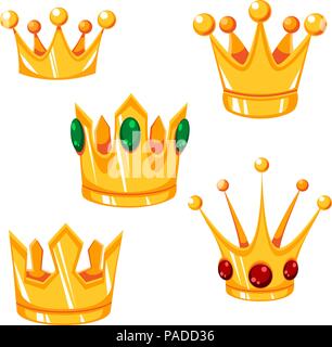 Set of cartoon vector crowns with green and red gems Stock Vector