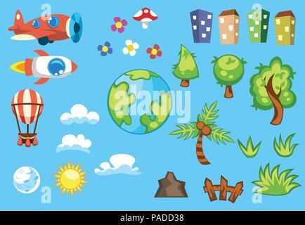 Set of cartoon objects houses in different colors, green trees, white clouds, planet earth, sun and moon, air balloon, vintage aircraft  rocket, mushroom  flowers, fence  mountain Stock Vector