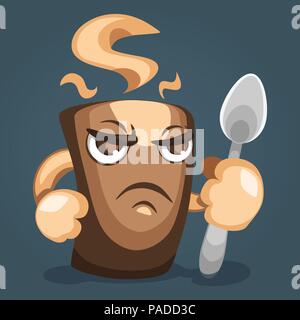 Illustration of a fearsome coffee mug with  fist and  spoon in hand, side view. Cartoon character design Stock Vector