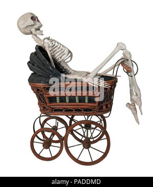 Skeleton in a Vintage bassinet with folding cover and handle - path included Stock Photo