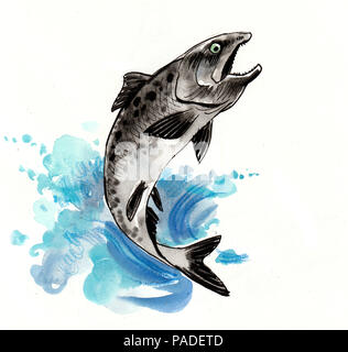 Jumping salmon fish. Ink and watercolor illustration Stock Photo