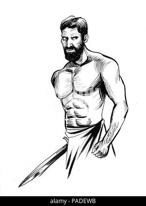 Ancient warrior with a sword. Ink black and white illustration Stock ...