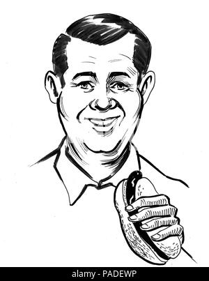 Smiling man eating a hot dog. Ink black and white illustration Stock Photo