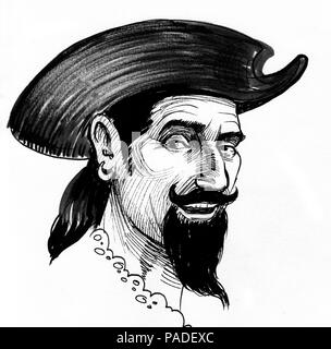 Pirate captain head. Ink black and white illustration Stock Photo - Alamy