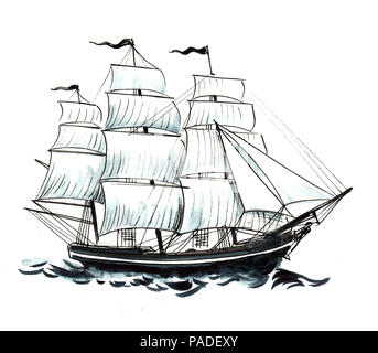 Sailing ship in the sea. Ink black and white illustration Stock Photo ...