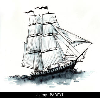 Old sailing ship. Ink black and white illustration Stock Photo - Alamy