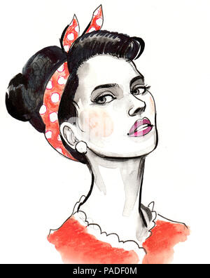 Beautiful pin-up styled woman. Ink and watercolor illustration Stock Photo