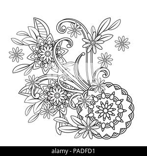 Adult coloring page with flowers pattern. Black and white doodle floral mandala. Bouquet line art vector illustration isolated on white background. Stock Vector