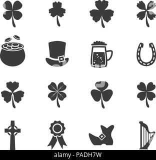 vector set of black and white flat irish St. Patrick's Day icons such as clover shamrocks, celtic cross, lucky horseshoe, golden pot full of coins, bo Stock Vector