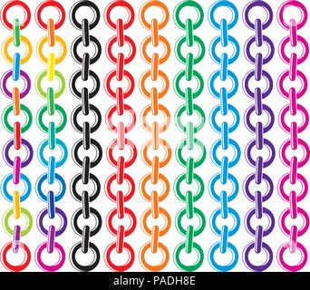 vector set of colorful metal chains, rainbow colours isolated on white background, flat style Stock Vector