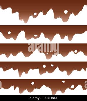 vector set of seamless chocolate borders of liquid dark chocolate melting down on white background Stock Vector