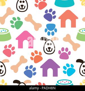 vector seamless and colorful pet pattern with bones, dog's house and bowls with animal food, dog's foot prints and funny head Stock Vector