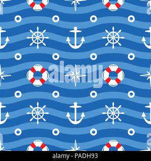 vector seamless sea pattern with compass, steering wheel, anchor and lifebuoy symbol on blue wavy background symbolizing sea water Stock Vector