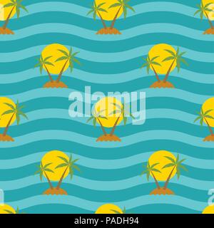 vector stylized seamless travel background with tropical palm trees, sun, sand islands and blue sea waves Stock Vector