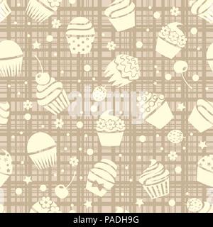 vector cupcake seamless pattern with different cupcakes, berries and flowers on background of crossed straight lines Stock Vector