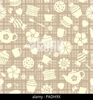 vector seamless tea pattern with cake, chocolate candy, macaroon, cookie, cups, teapot, lemon slice, heart and flower on background of crossed straigh Stock Vector