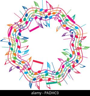 vector round colorful background of music notes on wavy staves, collection of abstract classical music symbols in a circle shape, creative concept in  Stock Vector