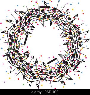 vector round colorful background of music notes on wavy staves, collection of abstract classical music symbols in a wavy circle shape, creative concep Stock Vector