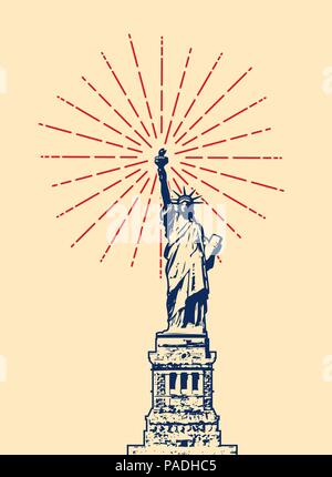 vector american symbol of New York statue of liberty with red starburst Stock Vector