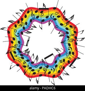 vector round colorful background of music notes on wavy staves, collection of abstract classical music symbols in a wavy circle shape, creative concep Stock Vector