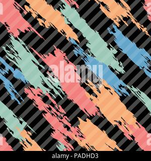 vector seamless pattern of colorful abstract shapes on dark diagonal striped background, textile graphic, eps10 illustration Stock Vector