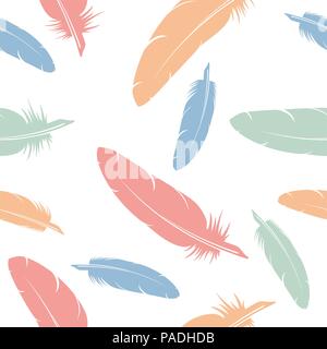 vector seamless pattern of flying bird feathers, colorful hand drawn feather symbols on white background Stock Vector