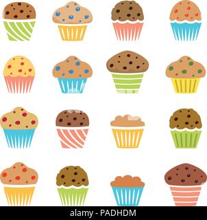 vector flat icons of chocolate chip and fruit muffins isolated on white background, symbols of dessert homemade cakes Stock Vector