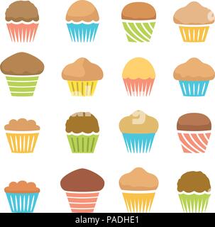 vector flat icons of chocolate and fruit muffins isolated on white background, symbols of dessert homemade cakes Stock Vector