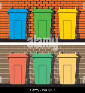 vector illustration of recycling wheelie bins against the background of a brick wall, industrial recycle of waste and garbage concept, eps10 Stock Vector