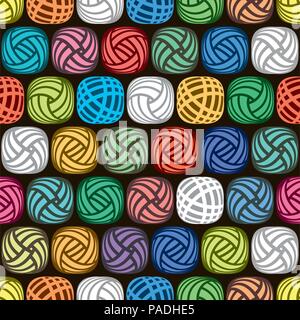 vector seamless abstract pattern of colorful yarn balls on black background, illustration of wool knitting hobby Stock Vector