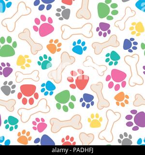 vector seamless dog pattern with bone and dog's footprint symbols on white background, colorful illustration Stock Vector