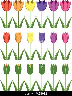 vector set of colorful tulip icons, abstract flower symbols isolated on white background, flat style Stock Vector