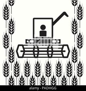 vector icon of combine harvester and wheat ears, black and white agricultural background, machinery farm harvest industry Stock Vector