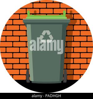 vector icon of recycling wheelie bin against the background of a brick wall, garbage can recycle icon, container with symbol of recycling to protect e Stock Vector