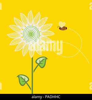 vector sunflower cartoon with flying bee on yellow background Stock Vector