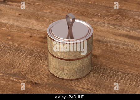 Blank closed wooden short tube container packaging on wooden background. 3d illustration Stock Photo