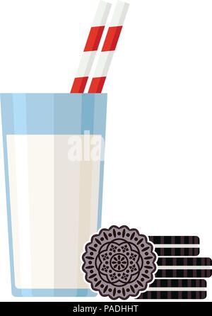 vector breakfast illustration, glass of milk and oreo cookies Stock Vector