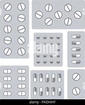vector set of pills, tablets and capsules in blisters, flat icons, pharmacy and drug symbols on white background Stock Vector